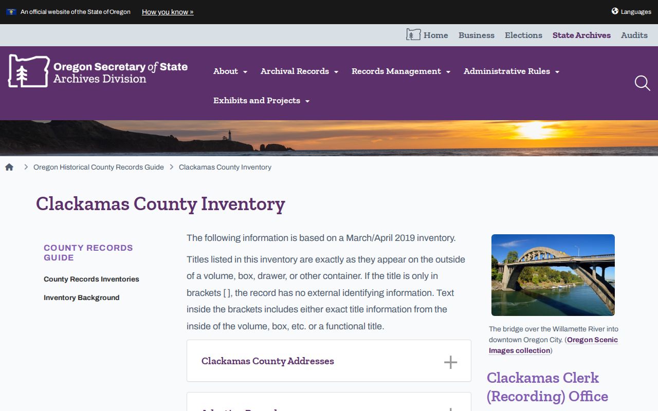 Clackamas County historical directory State Archives inventory source