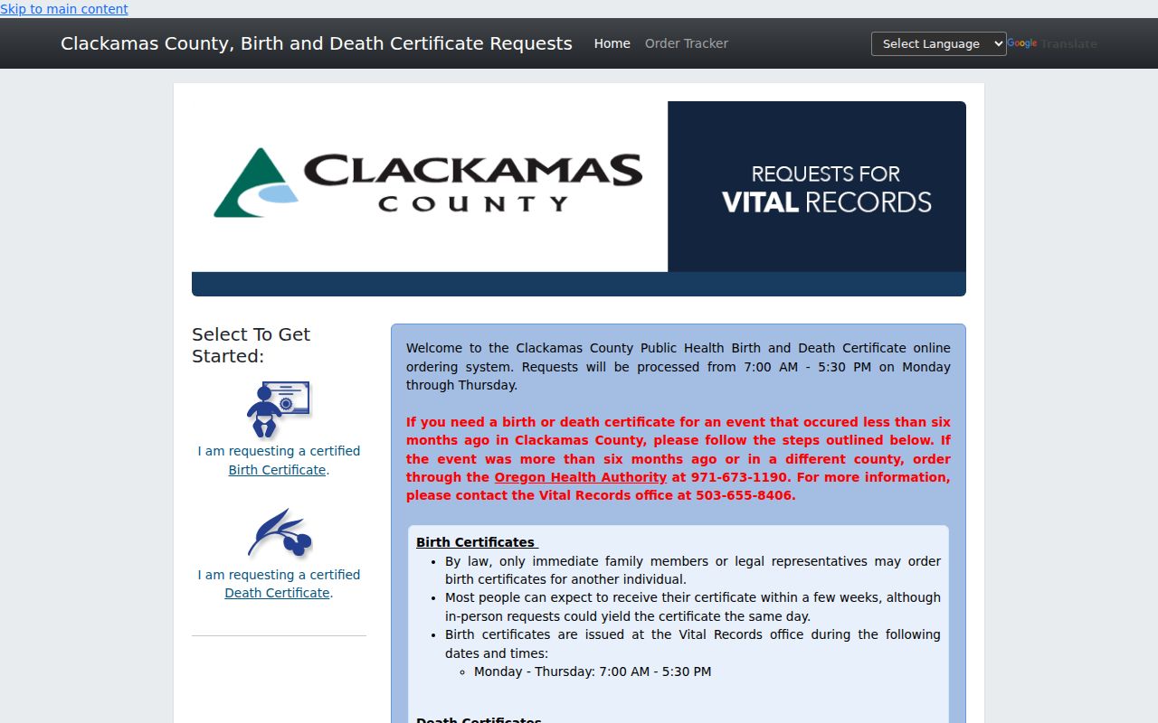 Clackamas County resident lookup recent birth certificate eligibility portal