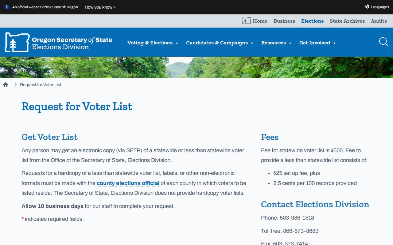 Clackamas County resident lookup Oregon voter list request page