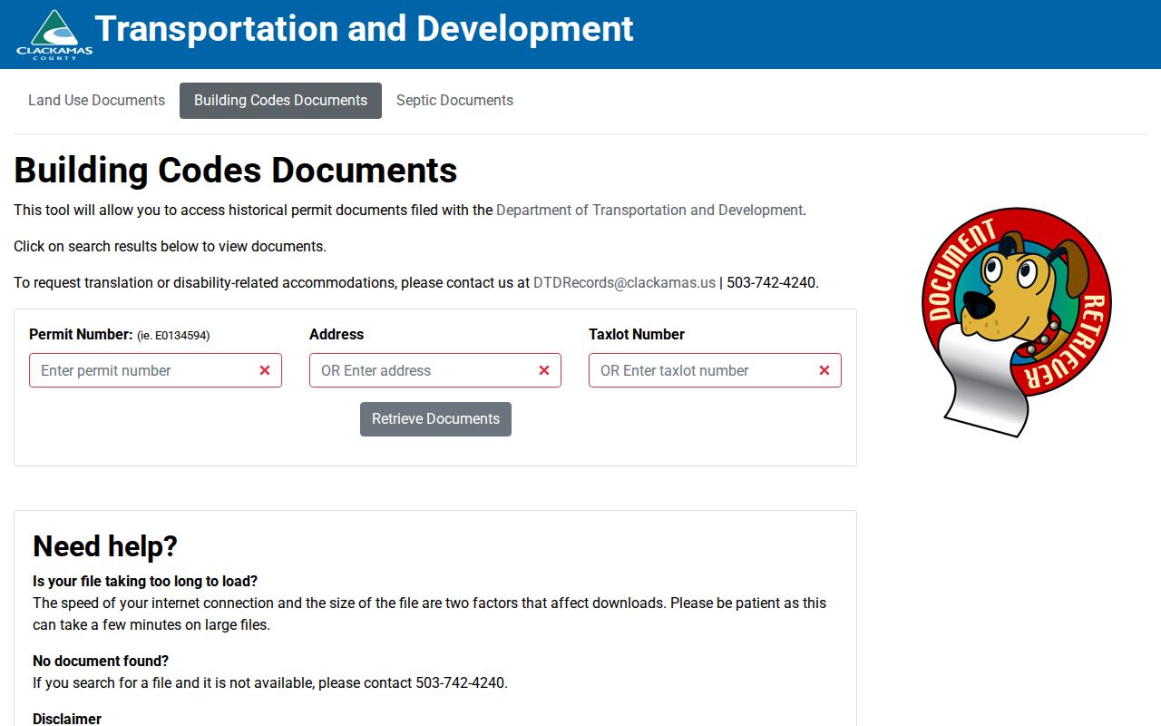 Clackamas County street directory permit document retriever fields