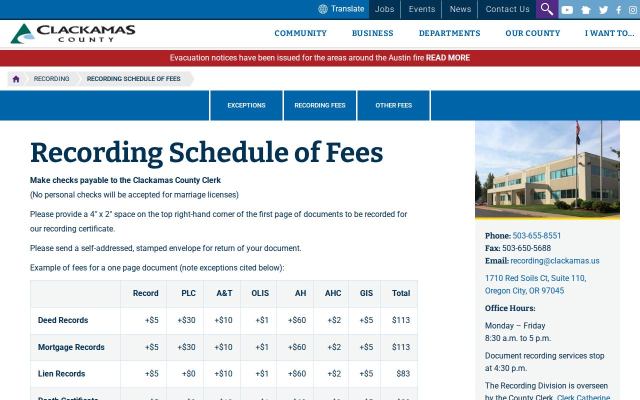 Clackamas County street directory Recording Division copy and research fees